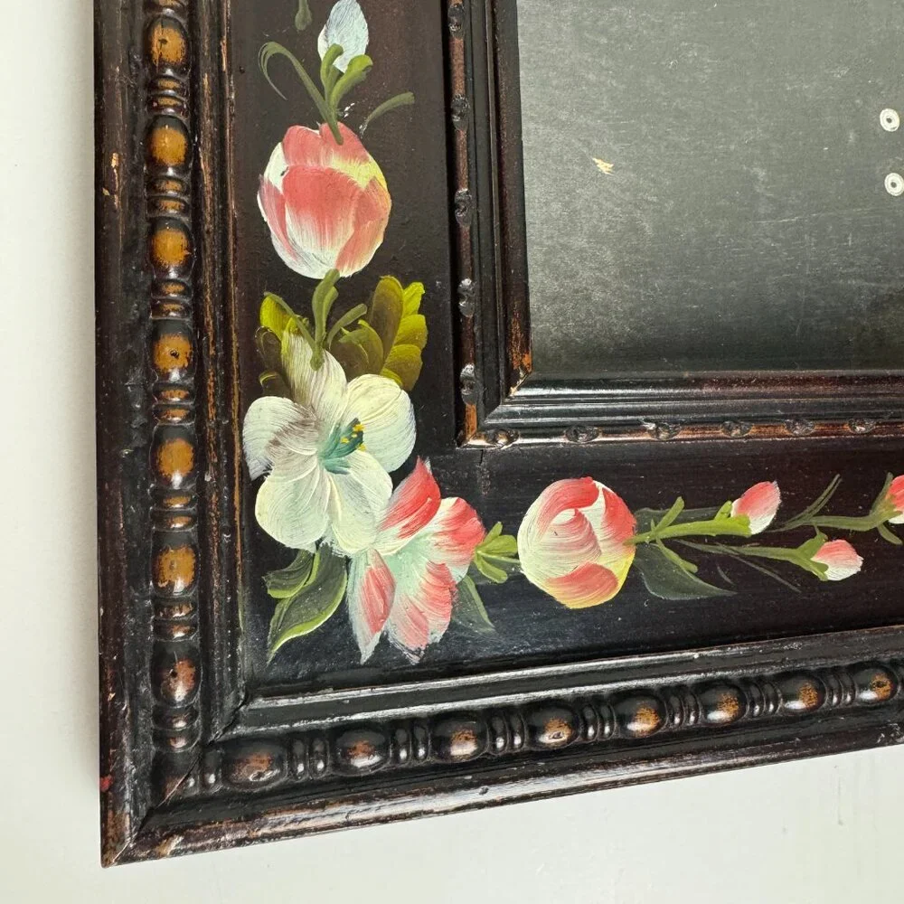 Antique RARE Wooden Frame Flowers Hand Painted